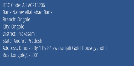 Allahabad Bank Ongole Branch Prakasam IFSC Code ALLA0213206