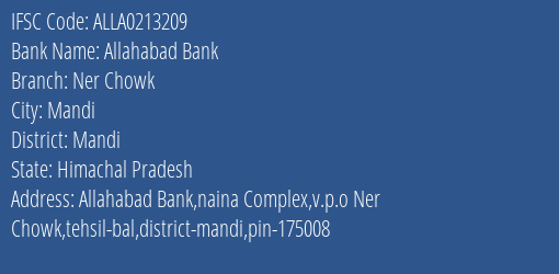 Allahabad Bank Ner Chowk Branch Mandi IFSC Code ALLA0213209