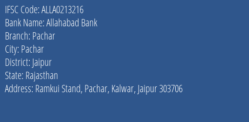 Allahabad Bank Pachar Branch Jaipur IFSC Code ALLA0213216