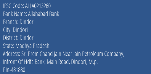 Allahabad Bank Dindori Branch Dindori IFSC Code ALLA0213260