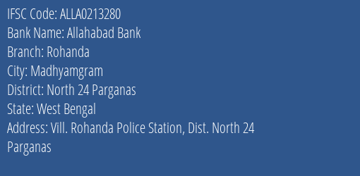 Allahabad Bank Rohanda Branch North 24 Parganas IFSC Code ALLA0213280