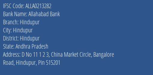 Allahabad Bank Hindupur Branch Hindupur IFSC Code ALLA0213282