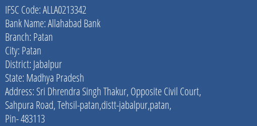 Allahabad Bank Patan Branch Jabalpur IFSC Code ALLA0213342