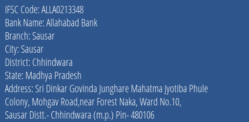 Allahabad Bank Sausar Branch Chhindwara IFSC Code ALLA0213348