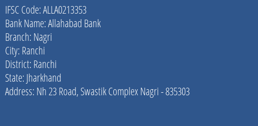 Allahabad Bank Nagri Branch Ranchi IFSC Code ALLA0213353