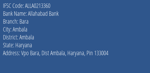 Allahabad Bank Bara Branch Ambala IFSC Code ALLA0213360