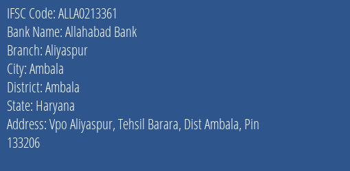 Allahabad Bank Aliyaspur Branch Ambala IFSC Code ALLA0213361