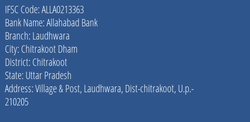 Allahabad Bank Laudhwara Branch Chitrakoot IFSC Code ALLA0213363