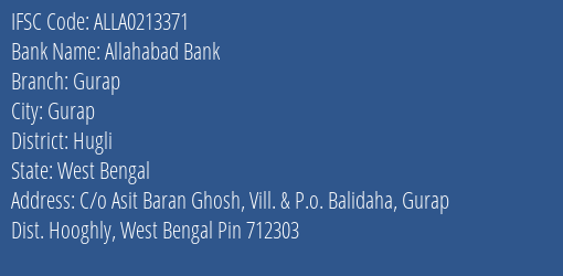 Allahabad Bank Gurap Branch Hugli IFSC Code ALLA0213371