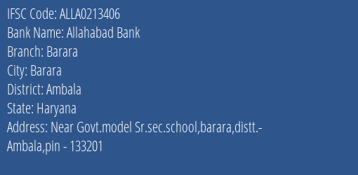 Allahabad Bank Barara Branch Ambala IFSC Code ALLA0213406