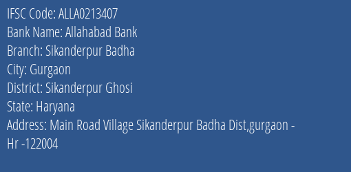 Allahabad Bank Sikanderpur Badha Branch Sikanderpur Ghosi IFSC Code ALLA0213407