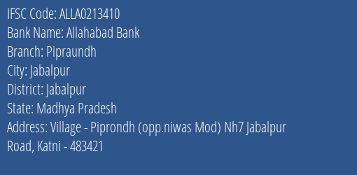 Allahabad Bank Pipraundh Branch Jabalpur IFSC Code ALLA0213410