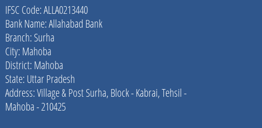 Allahabad Bank Surha Branch Mahoba IFSC Code ALLA0213440