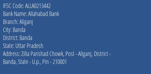Allahabad Bank Aliganj Branch Banda IFSC Code ALLA0213442