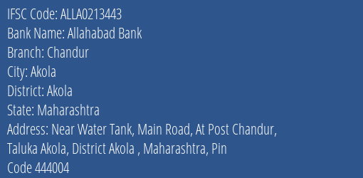 Allahabad Bank Chandur Branch Akola IFSC Code ALLA0213443