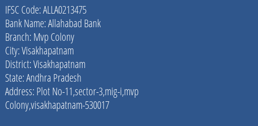 Allahabad Bank Mvp Colony Branch, Branch Code 213475 & IFSC Code ALLA0213475