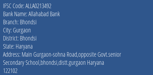 Allahabad Bank Bhondsi Branch Bhondsi IFSC Code ALLA0213492