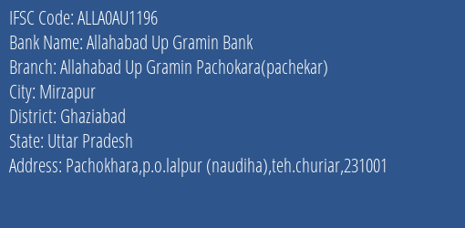 Allahabad Up Gramin Bank Allahabad Up Gramin Pachokara Pachekar Branch, Branch Code AU1196 & IFSC Code ALLA0AU1196
