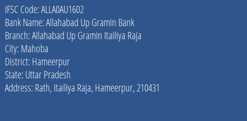 Allahabad Up Gramin Bank Allahabad Up Gramin Itailiya Raja Branch IFSC Code