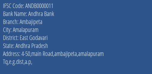 Andhra Bank Ambajipeta Branch, Branch Code 000011 & IFSC Code ANDB0000011