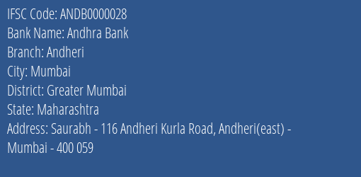 IFSC Code ANDB0000028 for Andheri Branch Andhra Bank, Mumbai Maharashtra