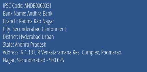 Andhra Bank Padma Rao Nagar Branch, Branch Code 000031 & IFSC Code ANDB0000031