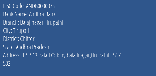 Andhra Bank Balajinagar Tirupathi Branch Chittor IFSC Code ANDB0000033