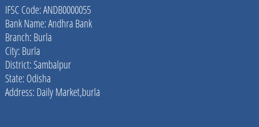 Andhra Bank Burla Branch, Branch Code 000055 & IFSC Code ANDB0000055