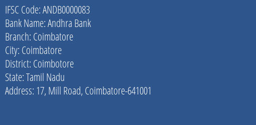 Andhra Bank Coimbatore Branch, Branch Code 000083 & IFSC Code ANDB0000083