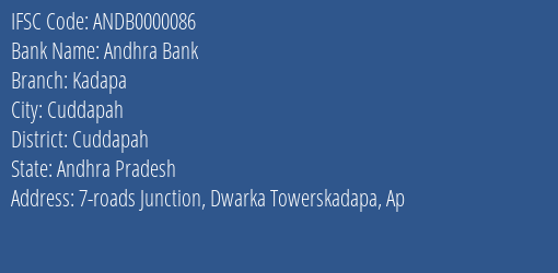 Andhra Bank Kadapa Branch, Branch Code 000086 & IFSC Code ANDB0000086