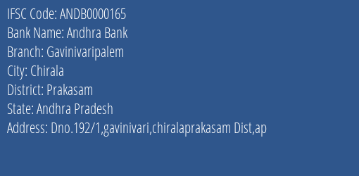 Andhra Bank Gavinivaripalem Branch, Branch Code 000165 & IFSC Code Andb0000165