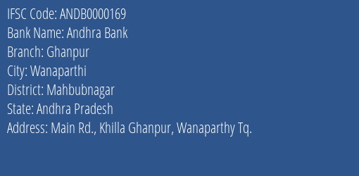 Andhra Bank Ghanpur Branch Mahbubnagar IFSC Code ANDB0000169