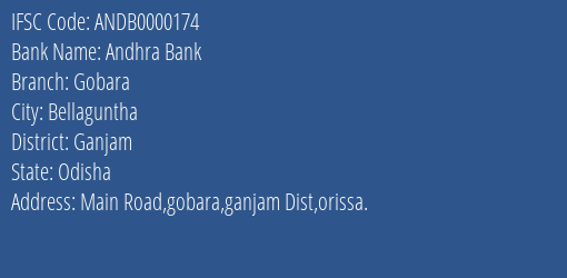 Andhra Bank Gobara Branch Ganjam IFSC Code ANDB0000174