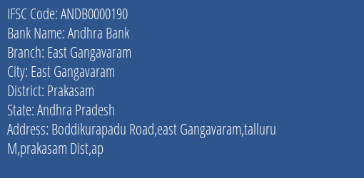 Andhra Bank East Gangavaram Branch, Branch Code 000190 & IFSC Code Andb0000190