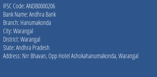 Andhra Bank Hanumakonda Branch Warangal IFSC Code ANDB0000206