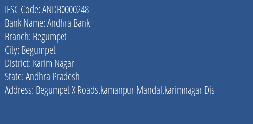 Andhra Bank Begumpet Branch Karim Nagar IFSC Code ANDB0000248