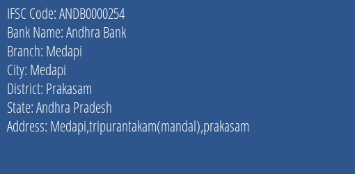 Andhra Bank Medapi Branch, Branch Code 000254 & IFSC Code Andb0000254