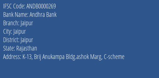 Andhra Bank Jaipur Branch, Branch Code 000269 & IFSC Code ANDB0000269