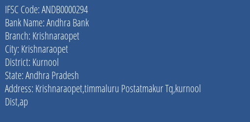 Andhra Bank Krishnaraopet Branch Kurnool IFSC Code ANDB0000294