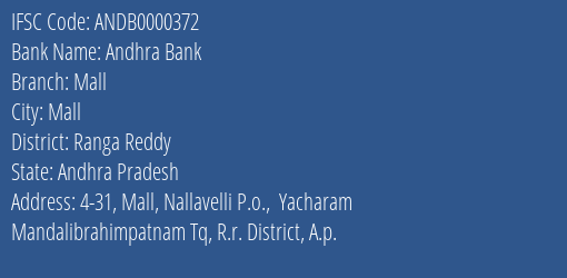 Andhra Bank Mall Branch Ranga Reddy IFSC Code ANDB0000372