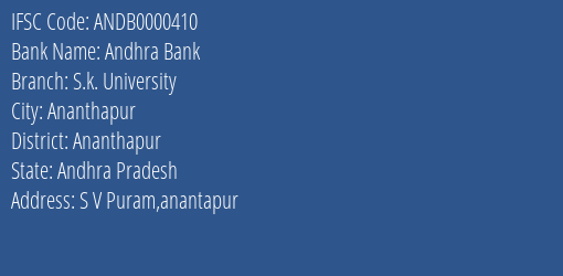 Andhra Bank S.k. University Branch Ananthapur IFSC Code ANDB0000410