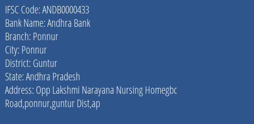 Andhra Bank Ponnur Branch Guntur IFSC Code ANDB0000433