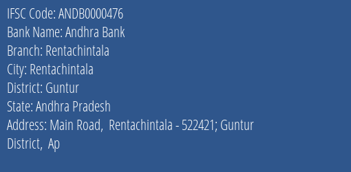 Andhra Bank Rentachintala Branch Guntur IFSC Code ANDB0000476