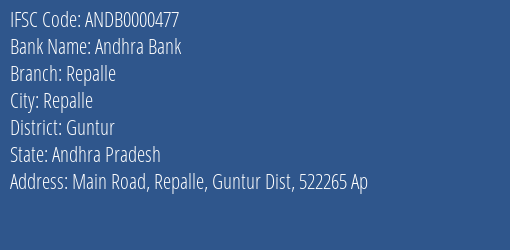 Andhra Bank Repalle Branch Guntur IFSC Code ANDB0000477