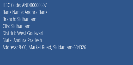 Andhra Bank Sidhantam Branch West Godavari IFSC Code ANDB0000507
