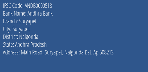 Andhra Bank Suryapet Branch Nalgonda IFSC Code ANDB0000518