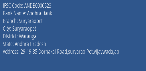 Andhra Bank Suryaraopet Branch Warangal IFSC Code ANDB0000523
