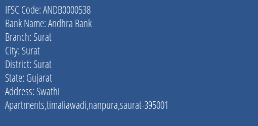 Andhra Bank Surat Branch, Branch Code 000538 & IFSC Code ANDB0000538