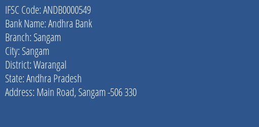 Andhra Bank Sangam Branch Warangal IFSC Code ANDB0000549