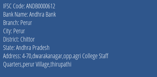 Andhra Bank Perur Branch Chittor IFSC Code ANDB0000612